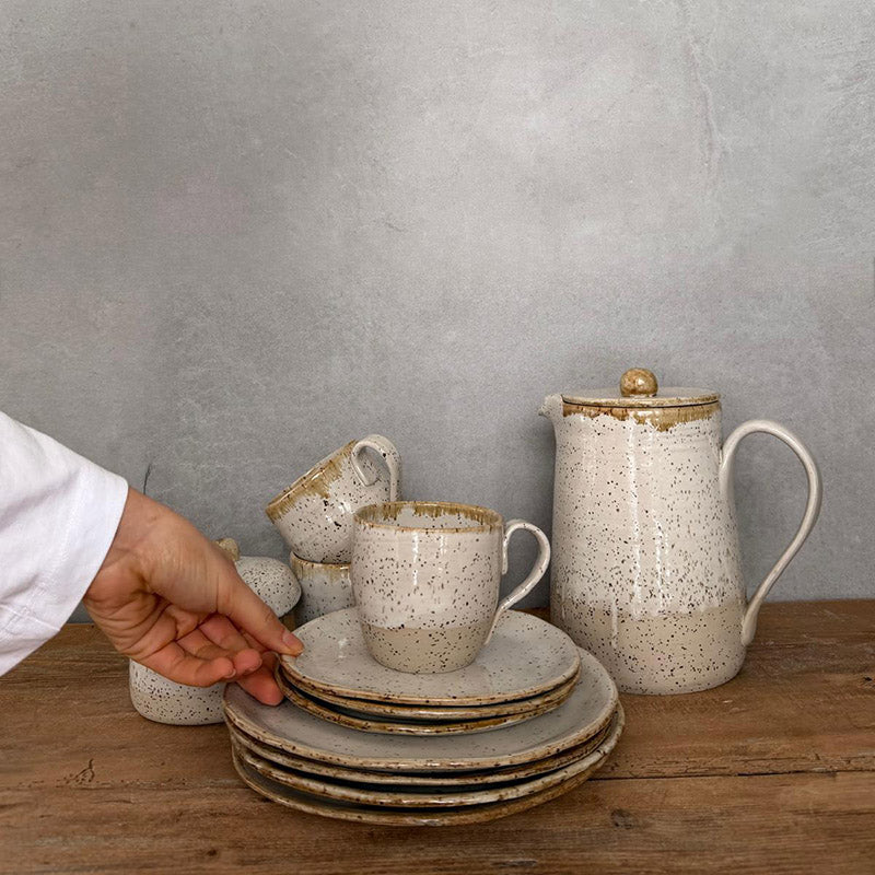 Keramikgeschirr BOHEMIAN White mit Dessertteller, Untertasse, Tasse Zuckerdose, Kaffeekanne