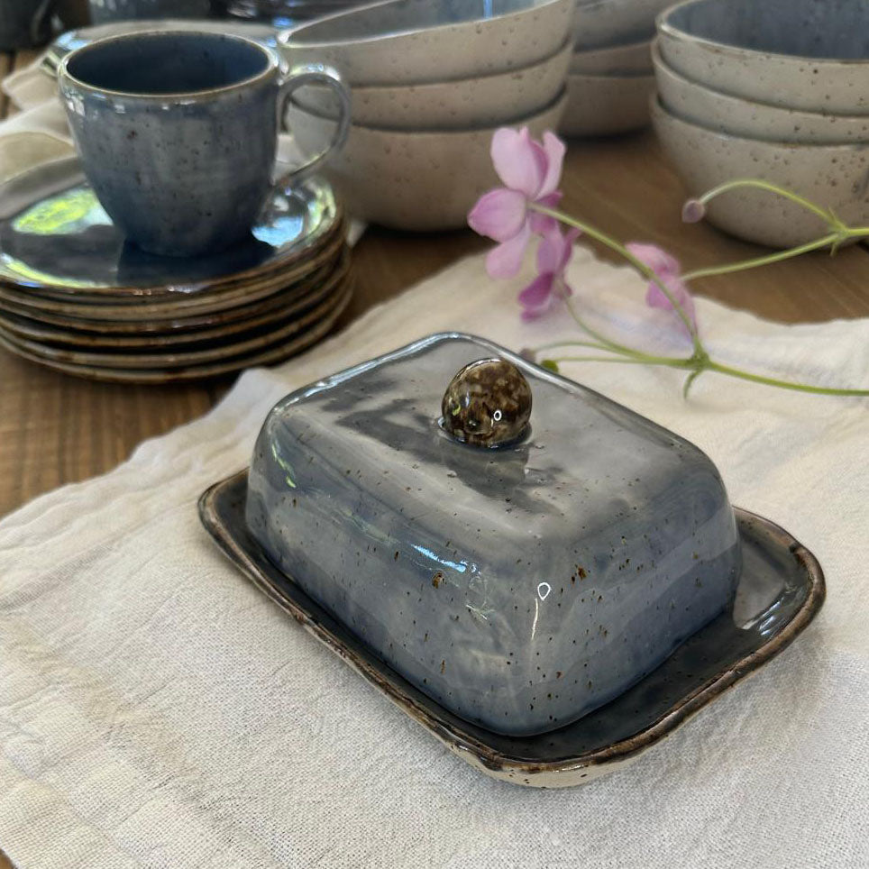Eckige Keramik Butterdose, Bohemian Blue