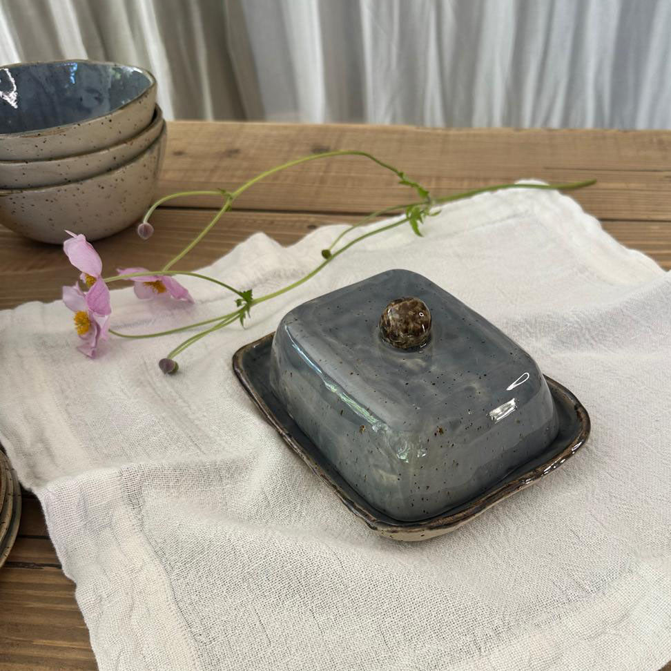 Blaue, eckige Keramik Butterdose, Bohemian Blue