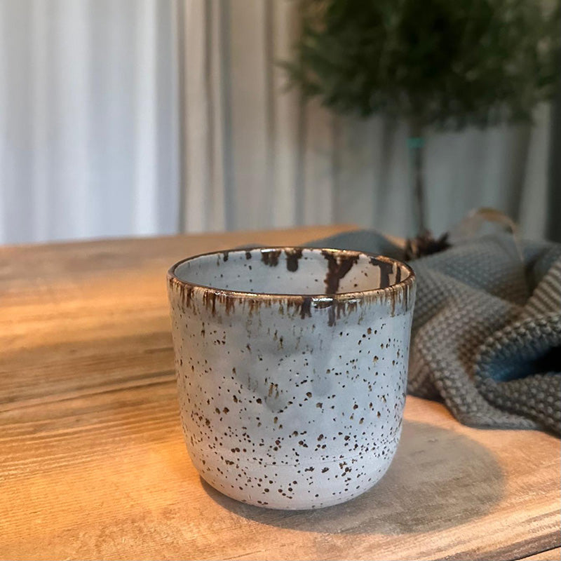 Keramikbecher für Duftkerze, graue Glasur mit braunem Rand