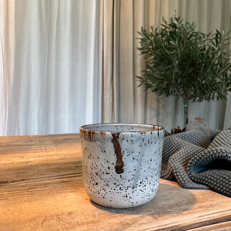 Keramikbecher für Duftkerze, graue Glasur mit braunem Rand