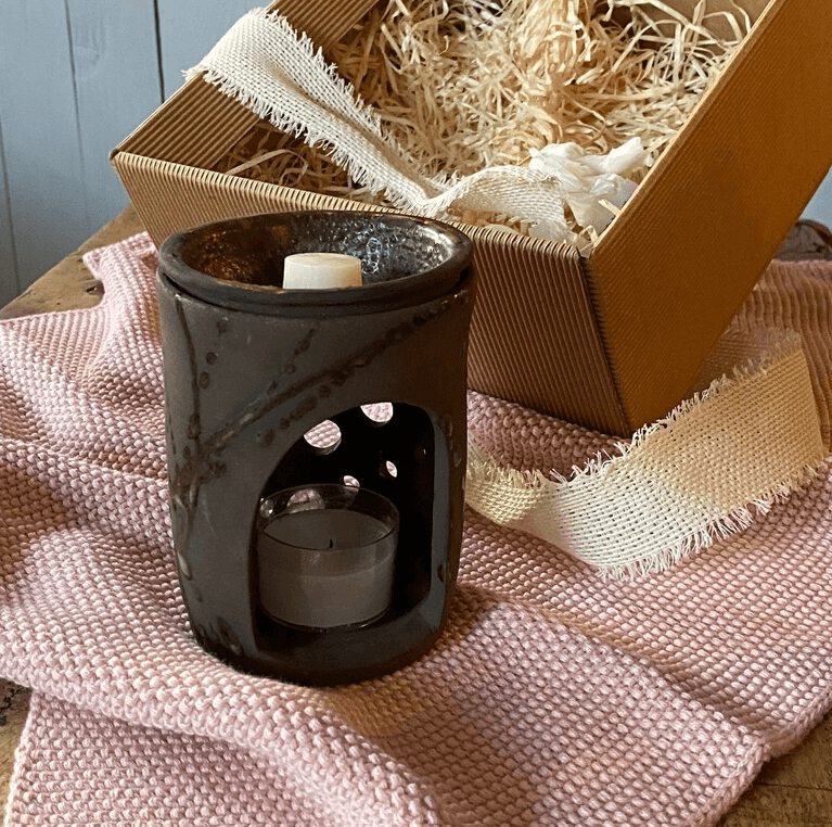 Duftlampe aus Keramik, Aromalampe mit Duftmelts, grau-blau und matt