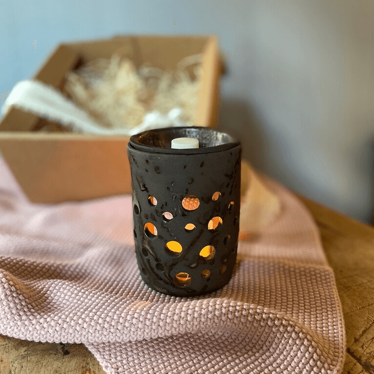 Duftlampe aus Keramik, Aromalampe mit Duftmelts, grau-blau und matt