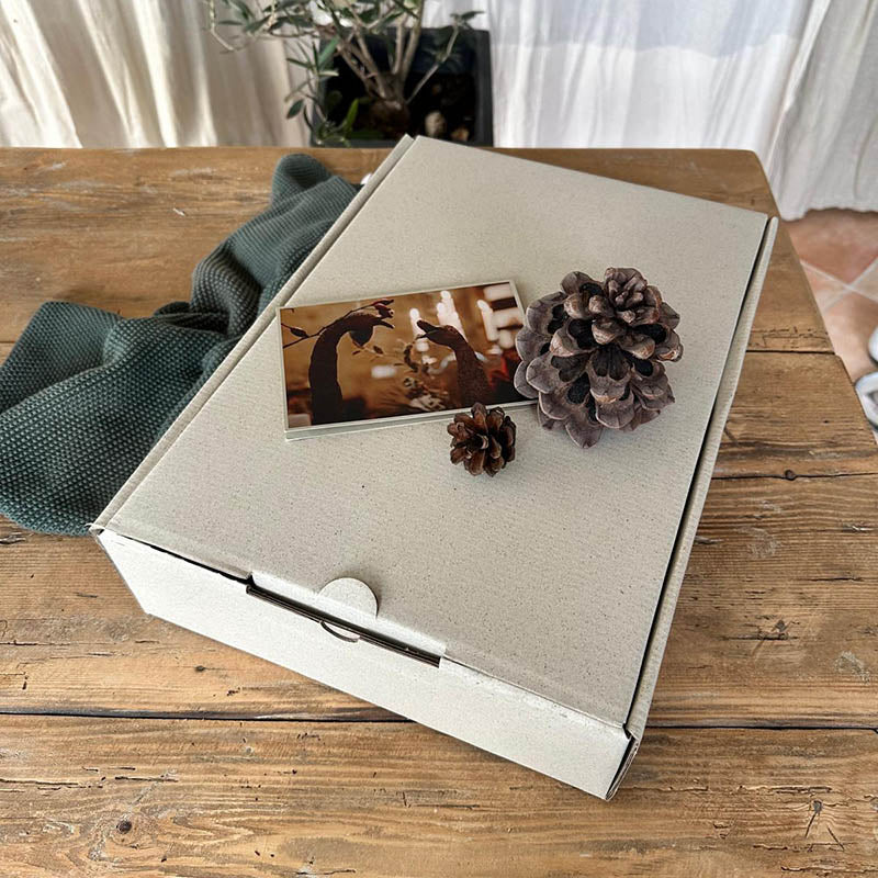 Keramik-Speiseset für Singlehaushalt, 4-teilig auf einem Holztisch mit Tannenzapfen und einem Foto.