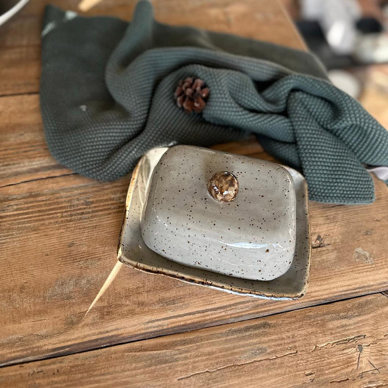 FRANZART Keramik Butterdose grau, braun abgesetzter Rand, glänzende Glasur