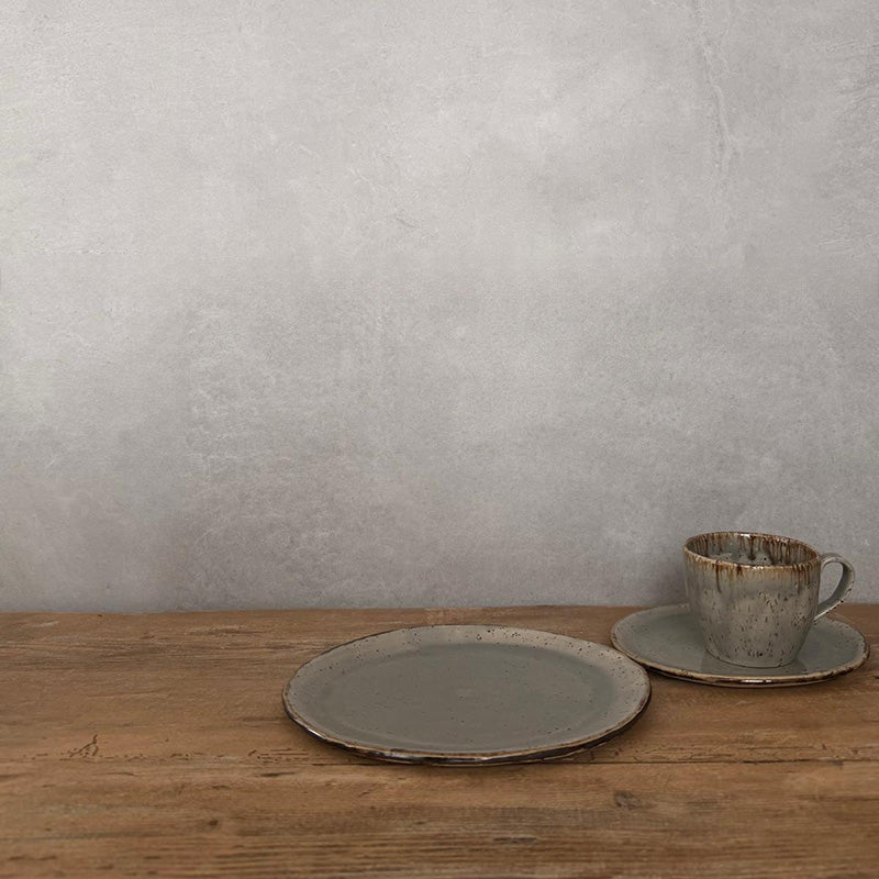 Kaffeegeschirr, Keramik Bohemian Grey, Dessertteller, Kaffeetasse und Untertasse