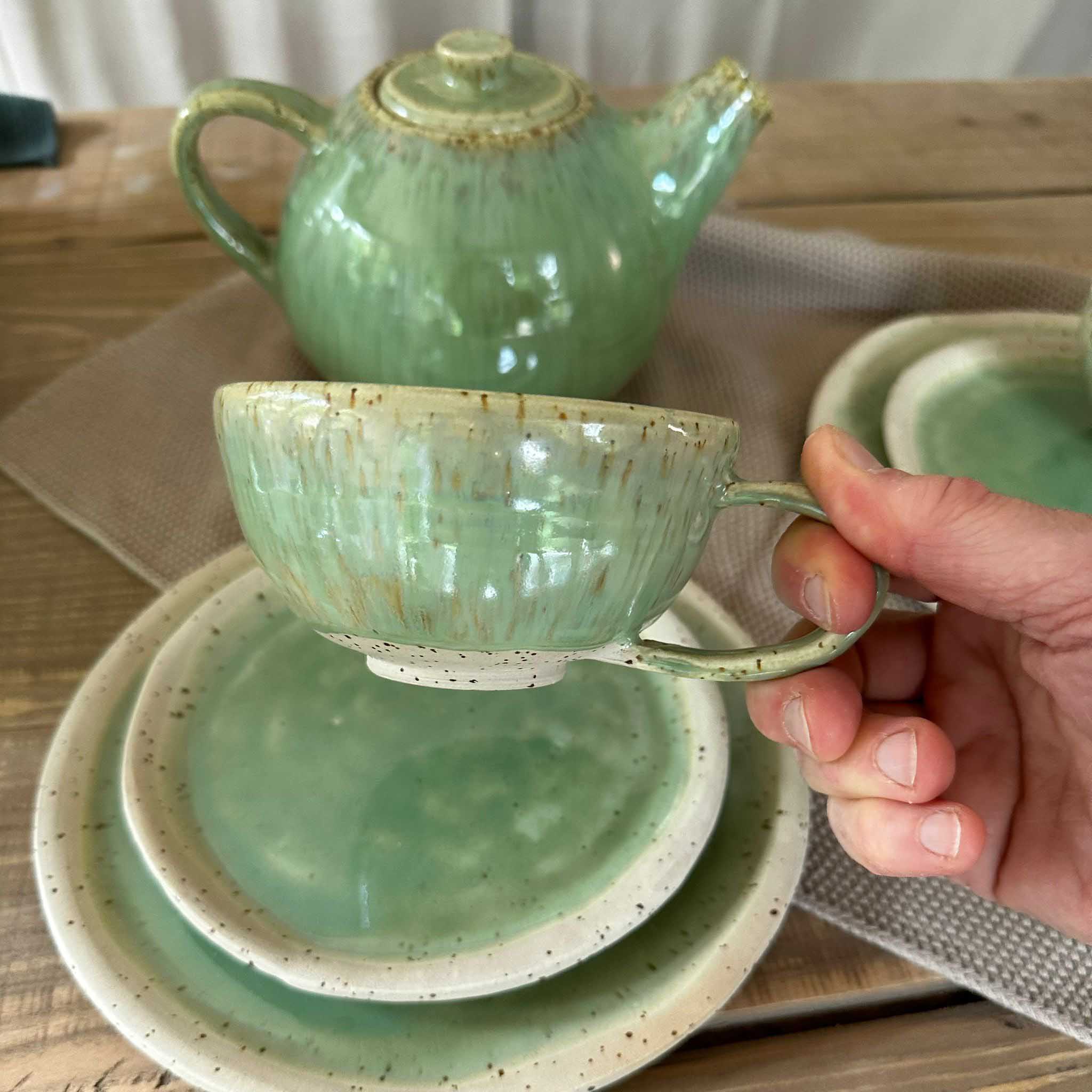 Keramik Tee Geschirr Set für 1 Personen bestehend aus Teetasse mit Untertasse und Dessertteller