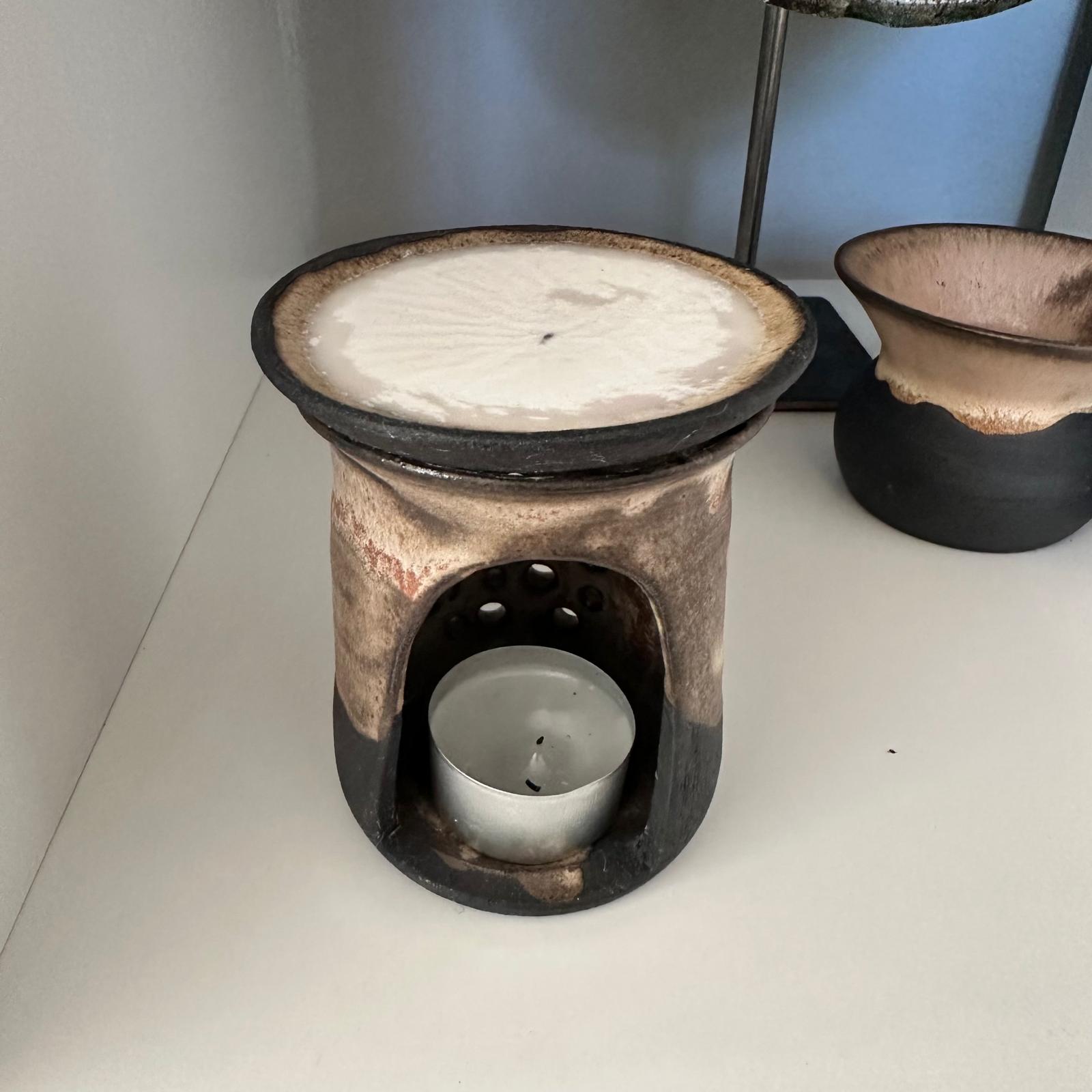 Duftlampe Schwarz, beige glasiert - Windlicht mit separater Duftschale