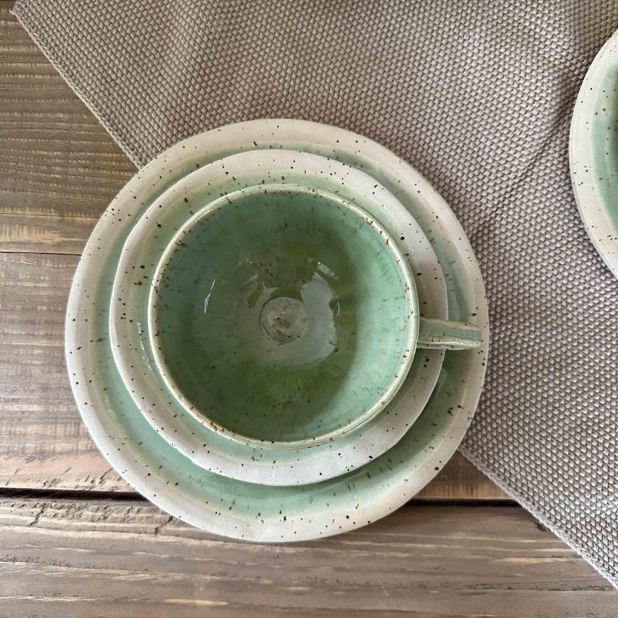 Keramik Tee Geschirr Set für 1 Personen bestehend aus Teetasse mit Untertasse und Dessertteller